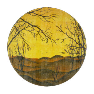 Gouache painting: yellow sky, brown. cutting board
