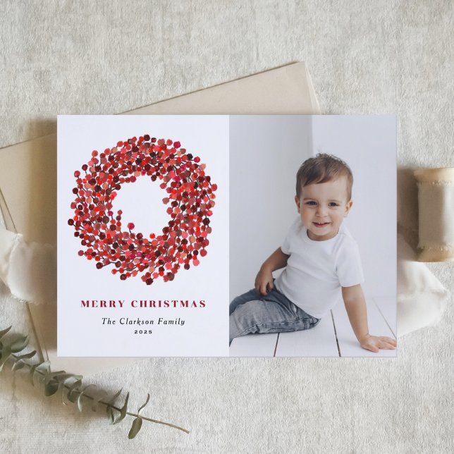 Gouache Red Winterberry Wreath Photo Christmas Holiday Card (Creator Uploaded)