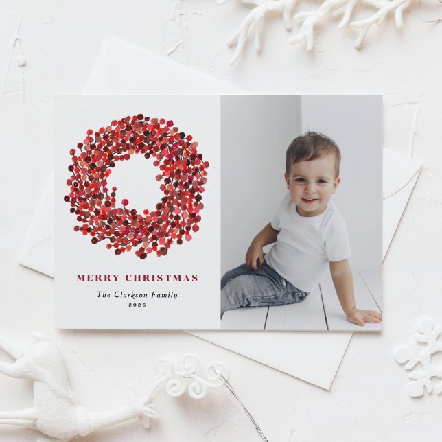 Gouache Red Winterberry Wreath Photo Christmas Holiday Postcard (Creator Uploaded)