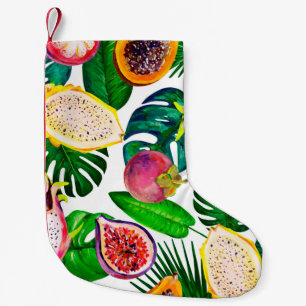 Gouache seamless pattern with tropic leaves and fr small christmas stocking