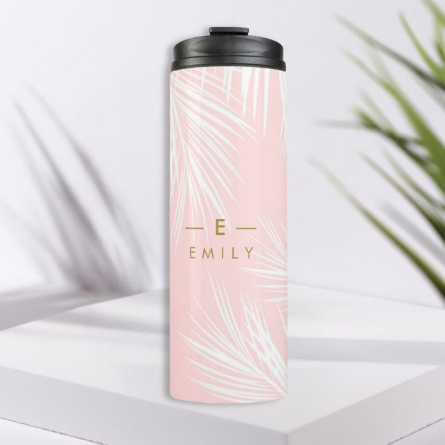 Gourde Tropical Pink, Gift Bridesmaid Thermal Tumbler (Gourde / Tumbler personnalisée motif feuilles tropical rose et blanc, avec initiale et prénom. )