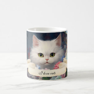 Gourgeous White Cat And Flowers Girly Custom Mug