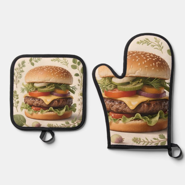 Gourmet Cheeseburger Illustration Oven Mitt & Pot Holder Set (Front)