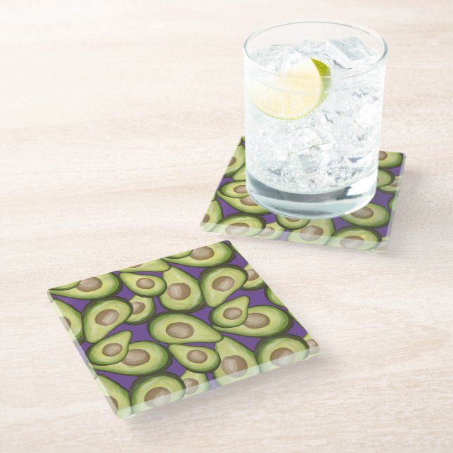 Gourmet Fresh Cut Vegan Avocado Pattern Glass Coaster (Angled)