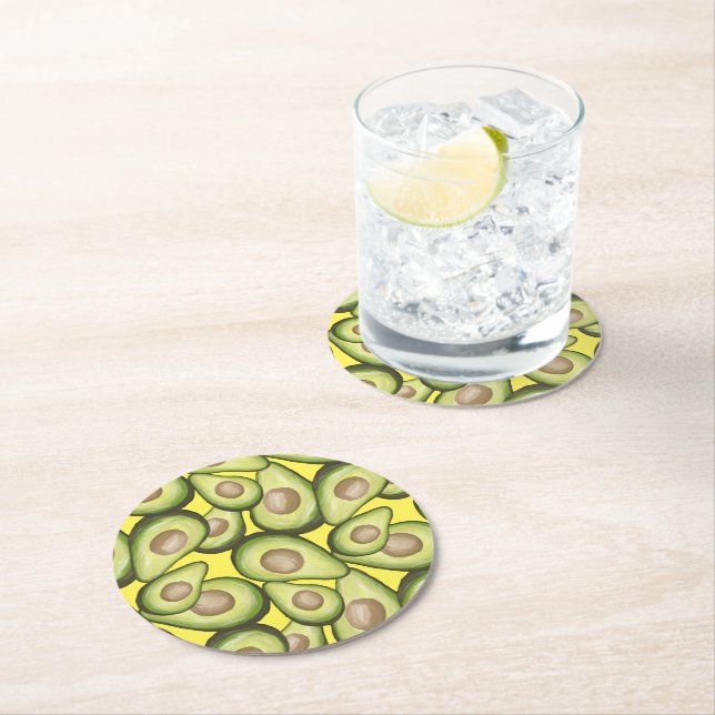 Gourmet Fresh Cut Vegan Avocado Pattern Square Round Paper Coaster (Insitu)