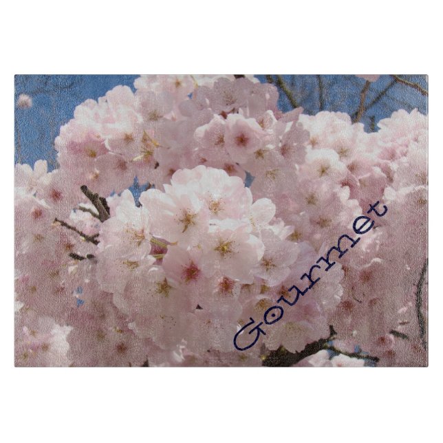 Gourmet Glass Cutting Board Pink Tree Blossoms (Front)