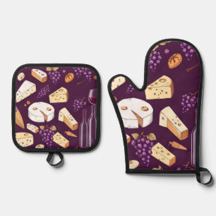 Gourmet Wine and Cheese Pairing Vintage Hand-Drawn Oven Mitt & Pot Holder Set