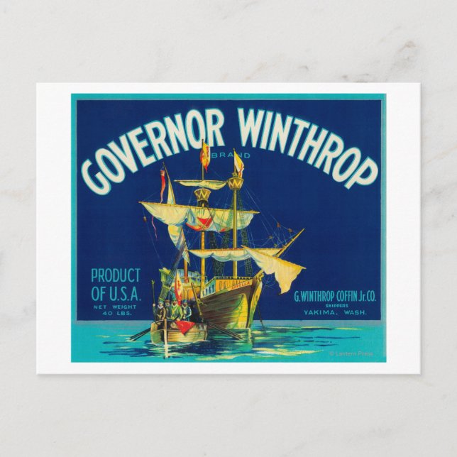 Governor Winthrop Apple Label (blue) - Yakima, W Postcard (Front)