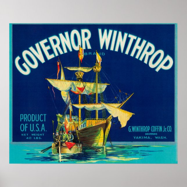 Governor Winthrop Apple Label (blue) - Yakima, W Poster (Front)