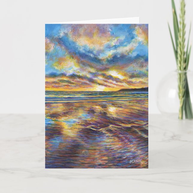 Gower (Wales) beach sunset painting Card (Front)