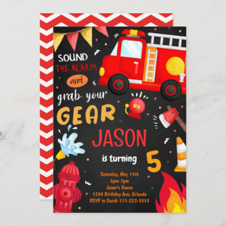 Grab Your Gear Fire Truck Birthday Invitation