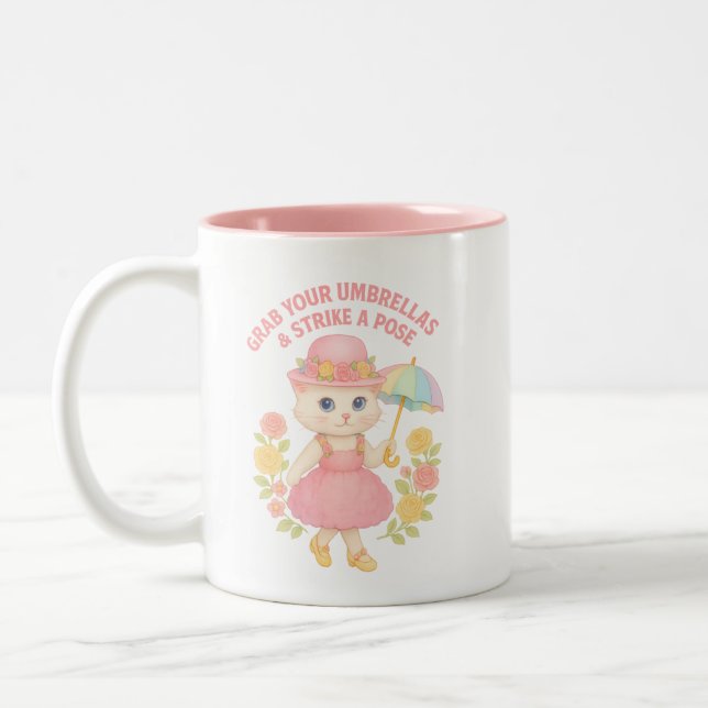 Grab Your Umbrellas Kitty Design Two-Tone Coffee Mug (Left)
