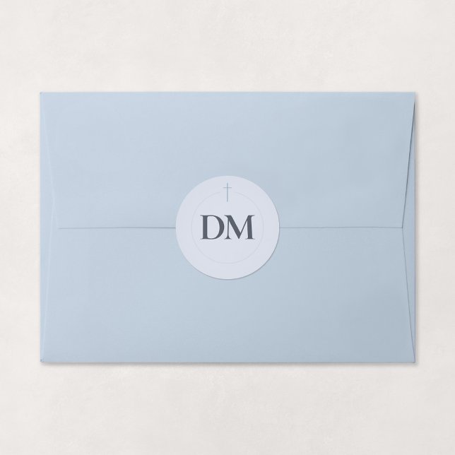 Grace Blue Monogram Cross Classic Round Sticker (Grace | Blue - Minimal Cross Monogram Sticker, Shown on Envelope)