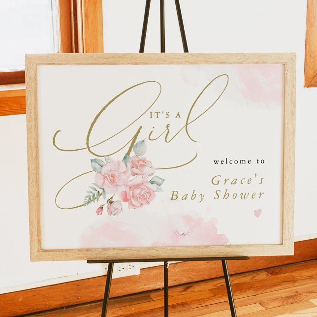 GRACE Blush Floral It's a Girl Baby Shower Welcome Poster (Creator Uploaded)