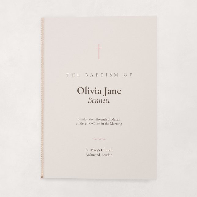 Grace Blush Minimal Cross Folded Baptism Programme (Grace | Blush - Folded Baptism Order of Service (String embellishment not included))
