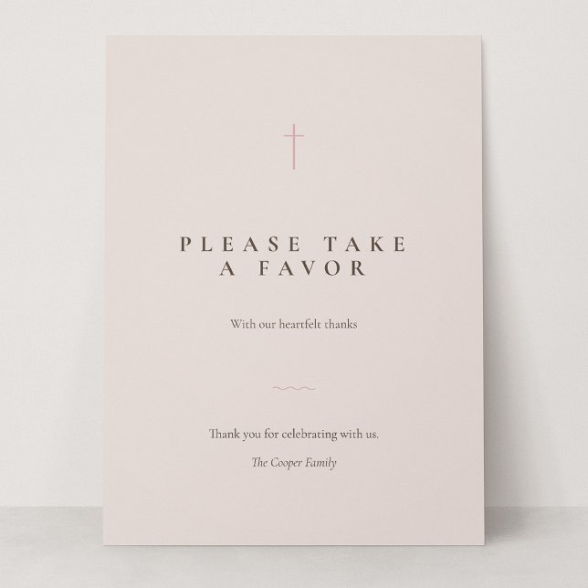 Grace Blush Minimal Cross Take a Favour Table Sign (Grace | Blush - Please Take a Favor 6.5 x 8.75" Card Sign)