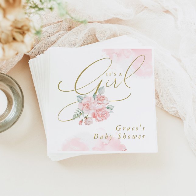 GRACE Elegant Blush Floral It's a Girl Baby Shower Napkin (Creator Uploaded)