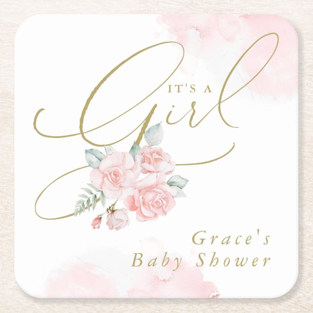 GRACE Elegant Blush Floral It's a Girl Baby Shower Square Paper Coaster (Front)