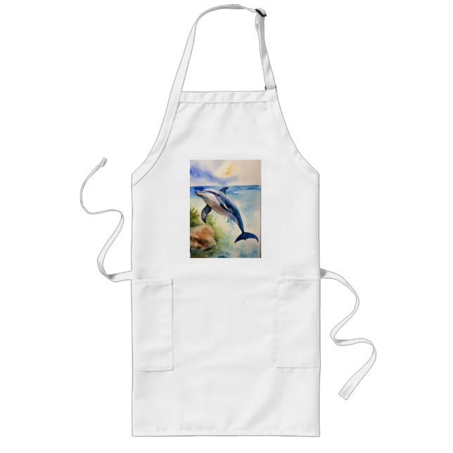 Grace in Blue: Watercolor Dolphin Long Apron (Front)