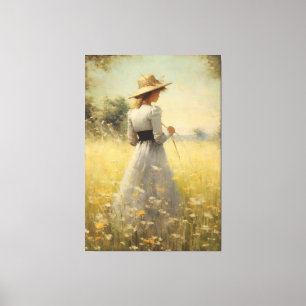 Grace in Nature: Woman in Meadow Oil Painting  Canvas Print