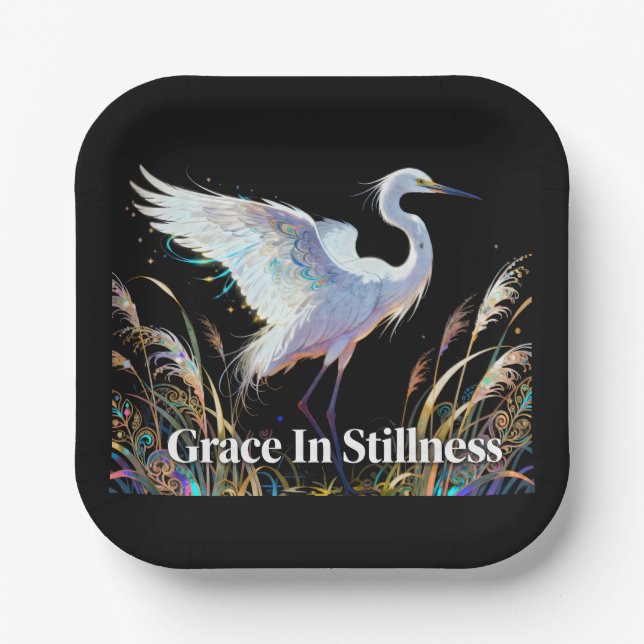 "Grace In Stillness" Fantasy Egret Paper Plate (Front)