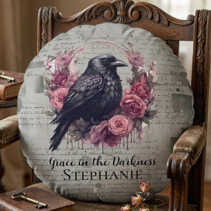 Grace in the Darkness Vintage Raven Floral Round Cushion