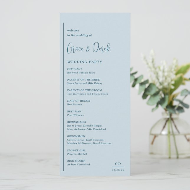 Grace Muted Blue Modern Wedding Programme (Standing Front)