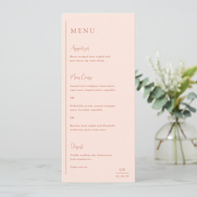 Grace Peach Modern Wedding Menu (Standing Front)