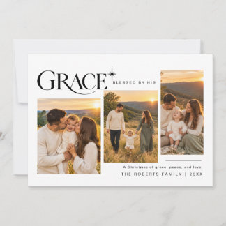 Grace Religious Christian 3 Photo Christmas Holiday Card
