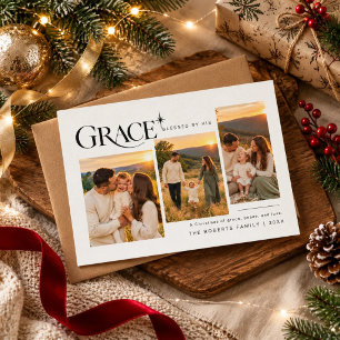 Grace Religious Christian 3 Photo Christmas Holiday Card