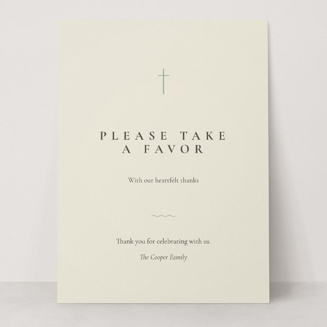 Grace Sage Minimal Cross Take a Favour Table Sign (Grace | Sage - Please Take a Favor 6.5 x 8.75" Card Sign)