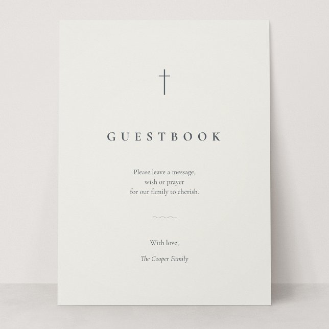 Grace Stone Minimal Cross Guest Book Table Sign (Grace | Stone - Sign Our Guestbook Card Sign, 6.5 x 8.75")