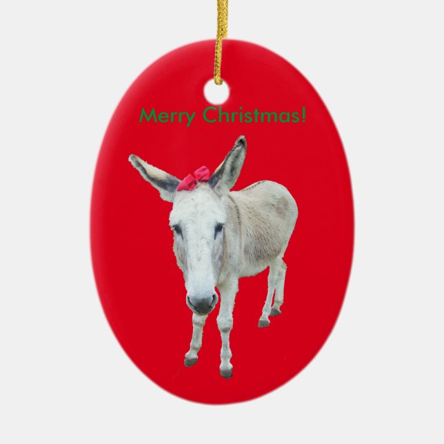 Grace the Donkey with a Red Bow Ceramic Tree Decoration (Front)