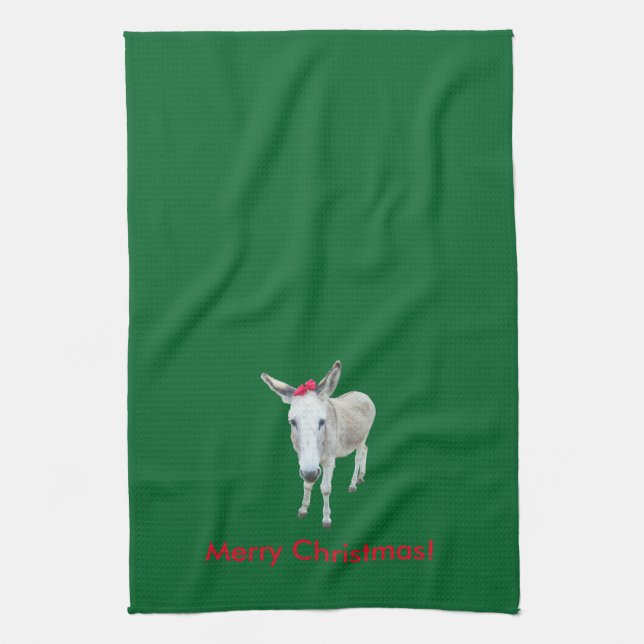 Grace the Donkey with a Red Bow Tea Towel (Vertical)