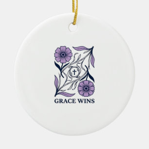 Grace Wins Floral Christian Vintage Engraving Tee_ Ceramic Tree Decoration