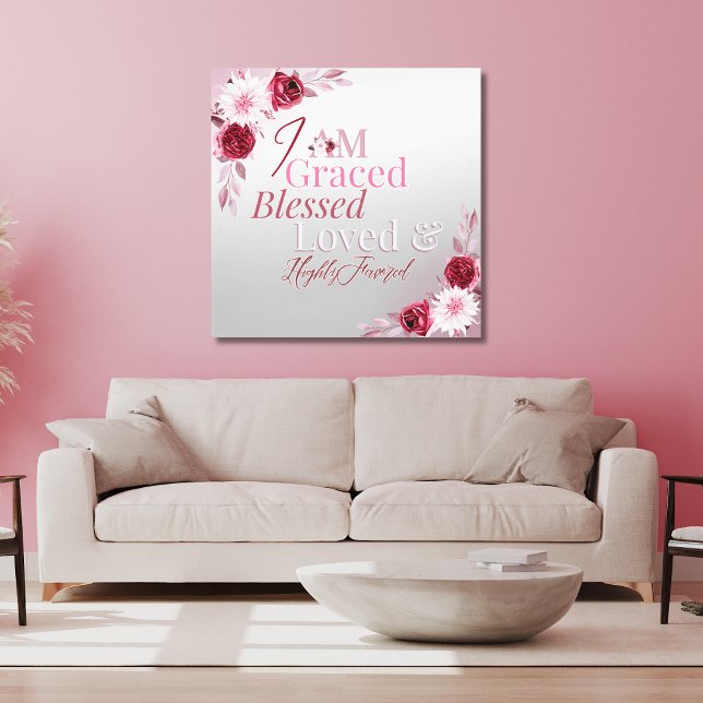 Graced Blessed Loved Favored Pink Floral Art Canvas Print (Creator Uploaded)