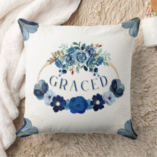 GRACED Blue Gold Floral Garden Wreath Elegant Cushion