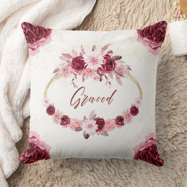 GRACED Fancy Script Burgundy Floral Gold Wreath  Cushion (Blanket)