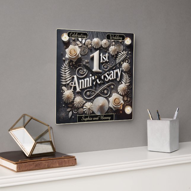 Graceful 1st Anniversary Paper Wreath Square Wall Clock (Office)