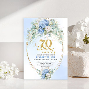 Graceful 70th Birthday Blue Hydrangea Gold Invite