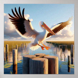 Graceful American White Pelican in Serene Wetlands Poster
