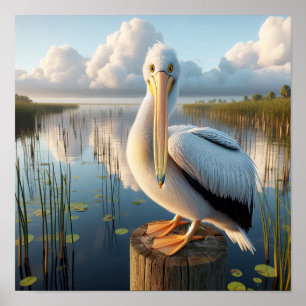 Graceful American White Pelican in Serene Wetlands Poster