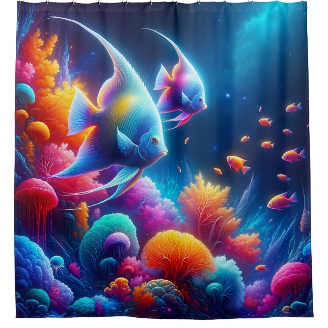 “Graceful Angelfish Coral Reef Art” Shower Curtain (Front)