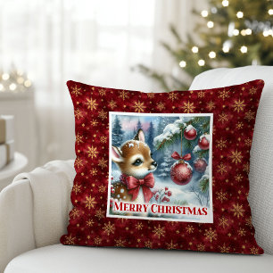 Graceful baby deer snowy forest festive Christmas Cushion
