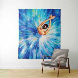 Graceful Ballerina in Cosmic Blue Vortex Pop Art Tapestry