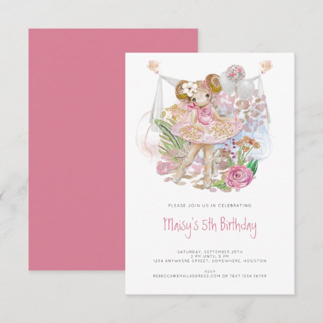 Graceful Ballerina Pink Girl 5th Birthday Party Invitation (Front/Back)