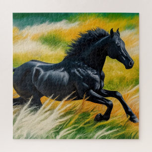 Graceful Black Horse Galloping in Vibrant Field of Jigsaw Puzzle