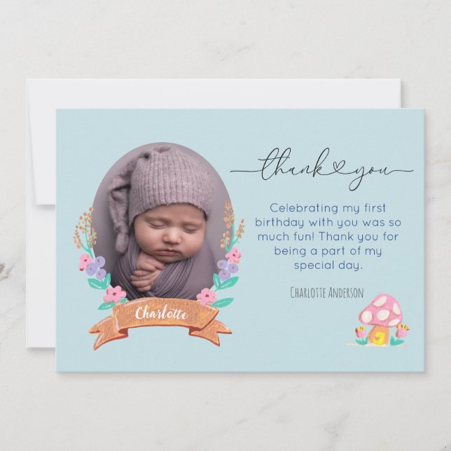 Graceful Blossoms Floral blue photo message Thank You Card (Front)