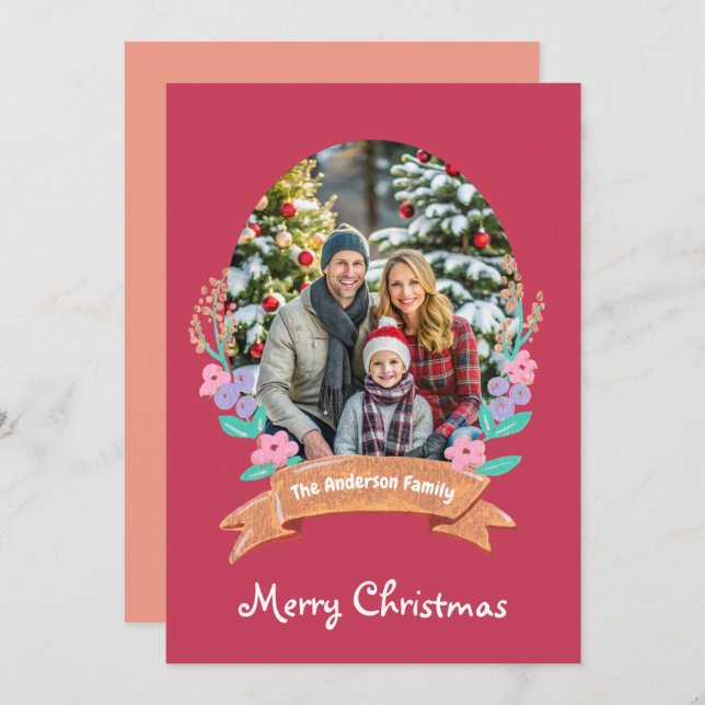 Graceful Blossoms Floral Wreath Xmas red photo Holiday Card (Front/Back)