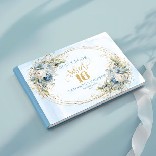Graceful Blue and Gold Greenery Sweet Sixteen  Guest Book